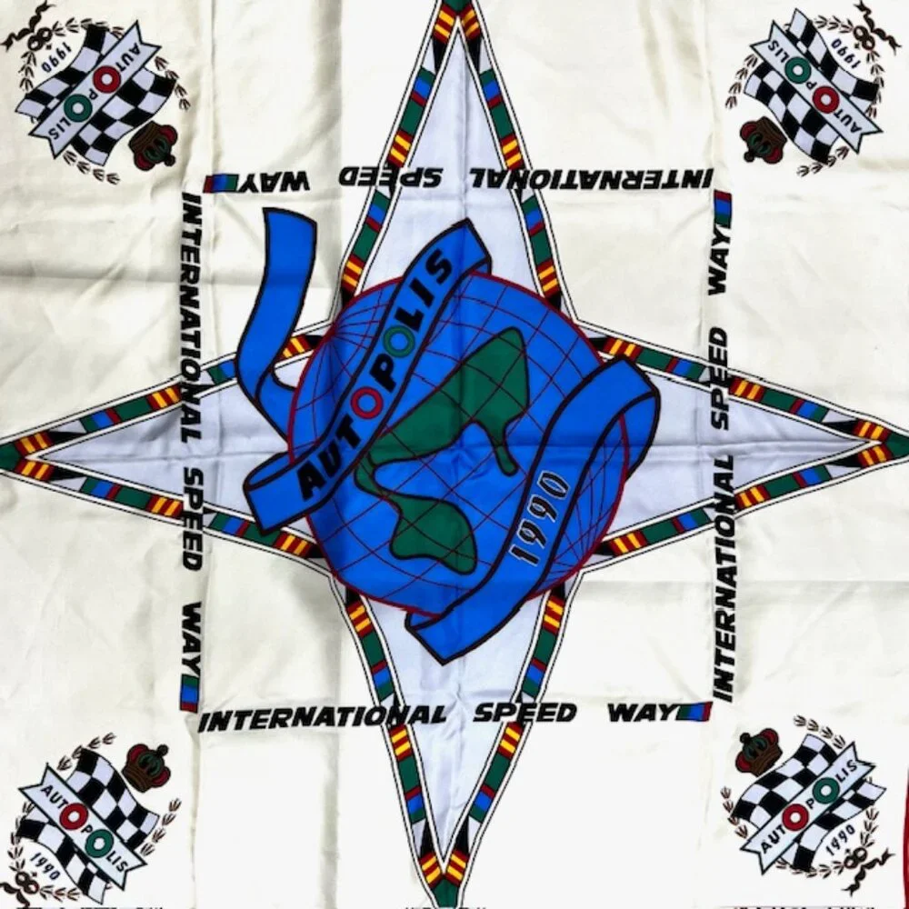 Unused-Vgt 1990 Auto Polis International Speed Way Scarf, 100% silk 35x35